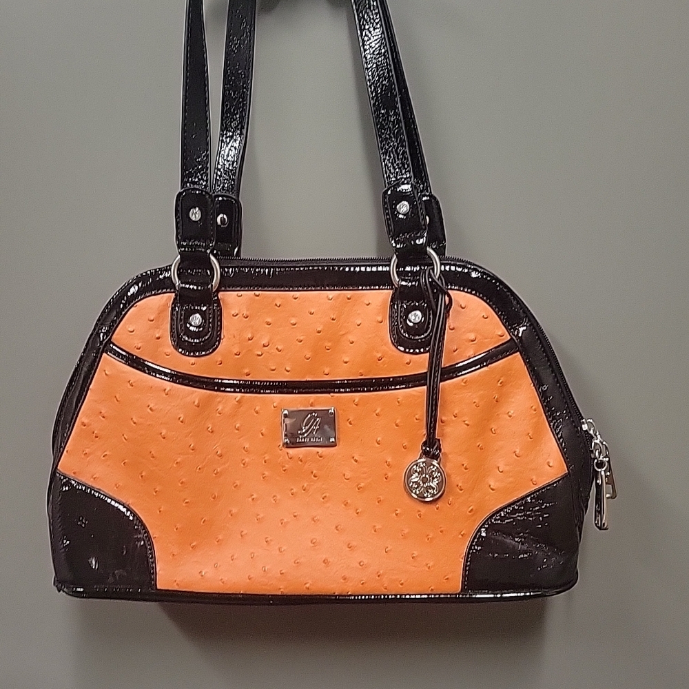 Grace Adele Handbag Faux Ostrich Orange Black with Purse Charm Floral